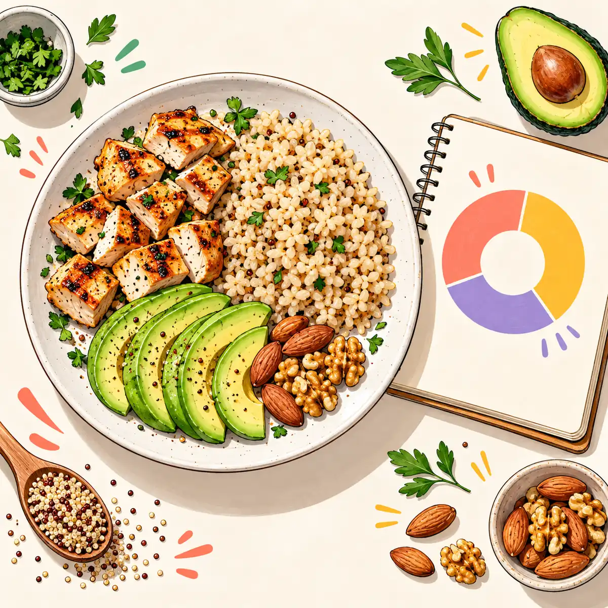 Ausgewogener Teller mit Protein, Getreide, Avocado, Nüssen und Makro-Diagramm